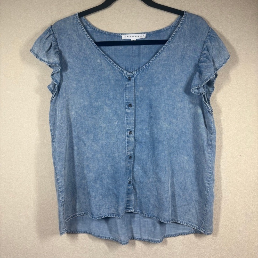 Jane + Delancey Women Ruffle Cap Sleeve Button Front Top Med Blue Cottage Boho